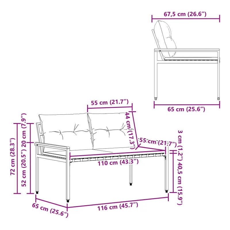 Lauko suolas 2 -Seater 116 x 67,5 x 72 cm poliratanas
