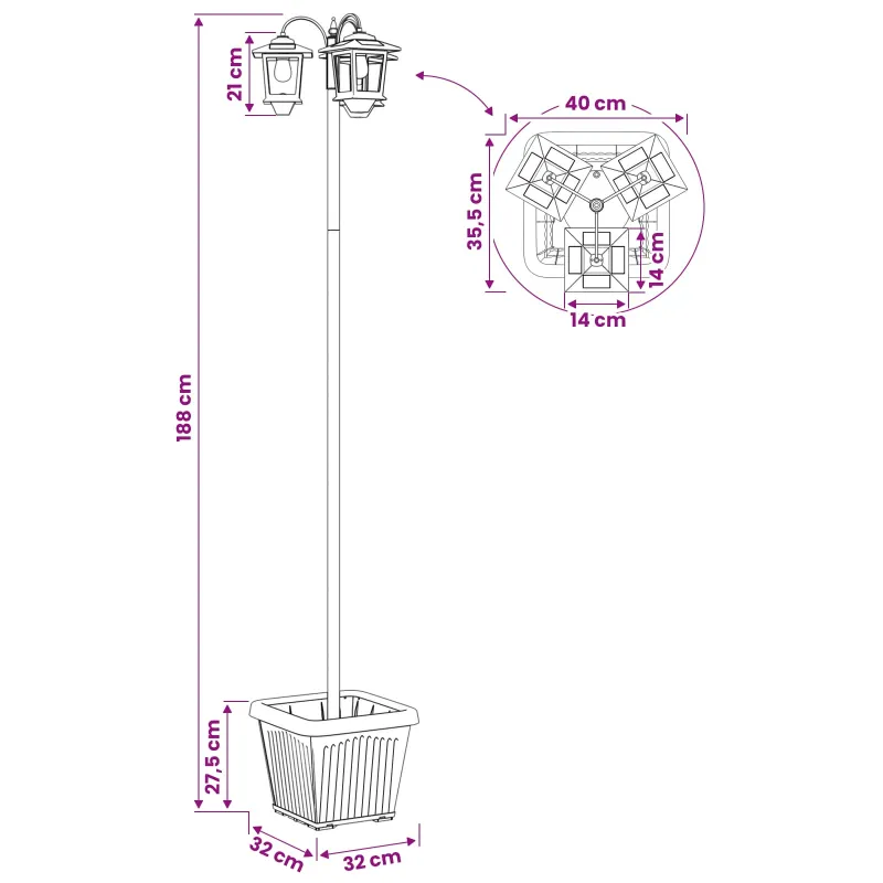 3-Head Lamp Post with Planter Juoda 32 x 32 x 188 cm