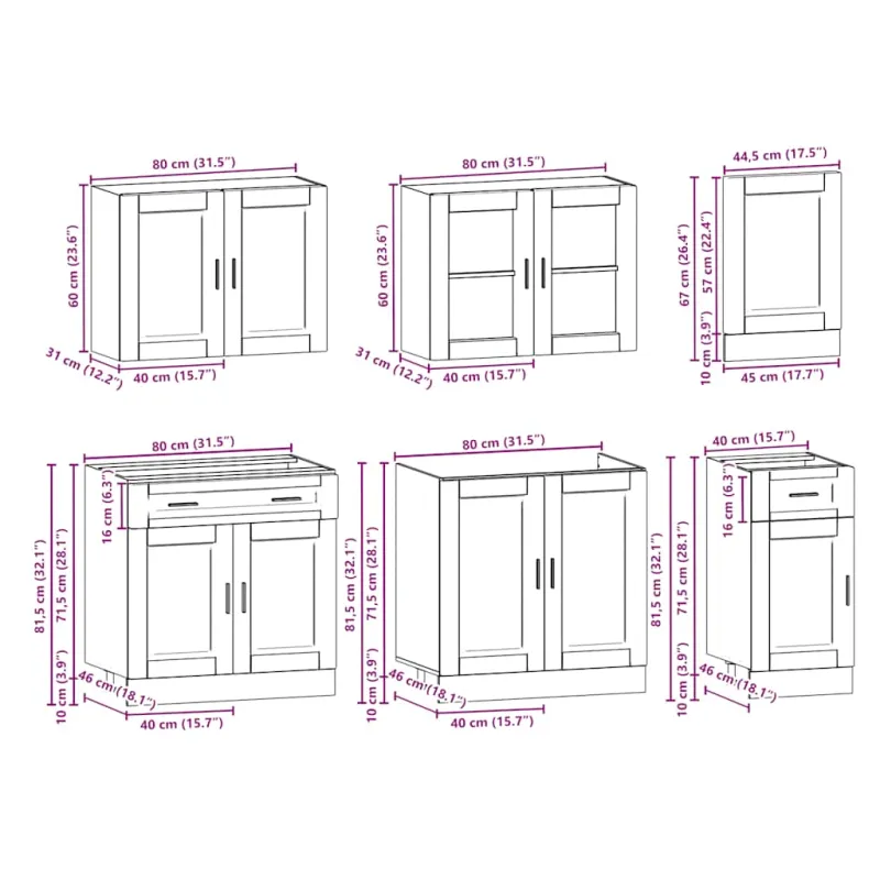 Virtuvinių spintelių komplektas, 7 dalių, Porto, ąžuolo