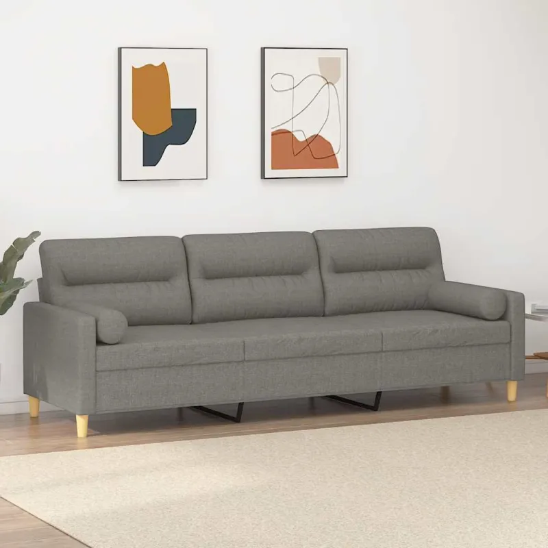 Trivietė sofa su pagalvėmis, tamsiai pilka, 210cm, audinys
