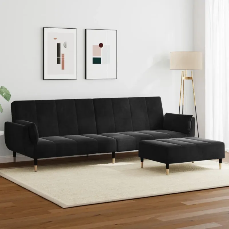 Dvivietė sofa-lova su pakoja, juodos spalvos, aksomas