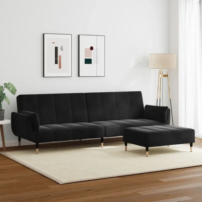 Dvivietė sofa-lova su pakoja, juodos spalvos, aksomas