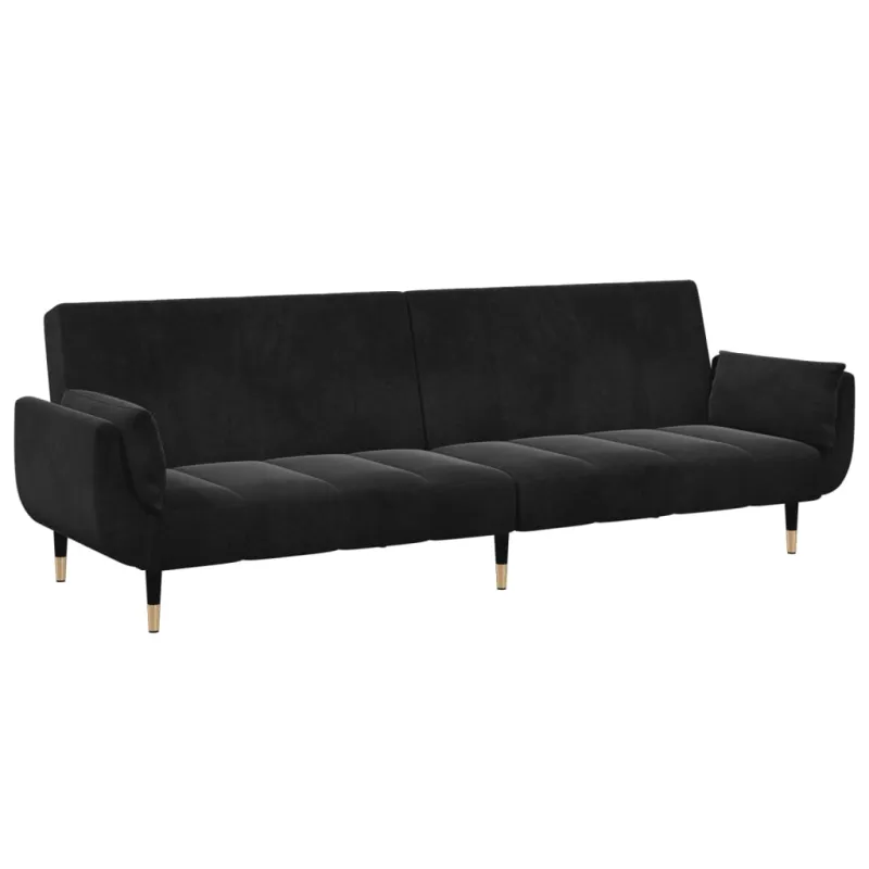 Dvivietė sofa-lova su pakoja, juodos spalvos, aksomas