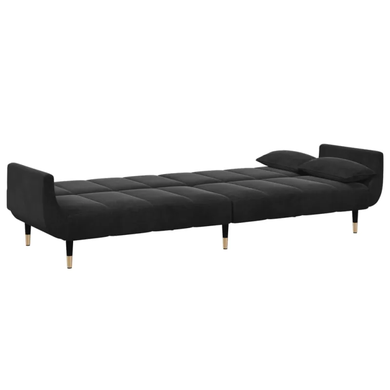 Dvivietė sofa-lova su pakoja, juodos spalvos, aksomas