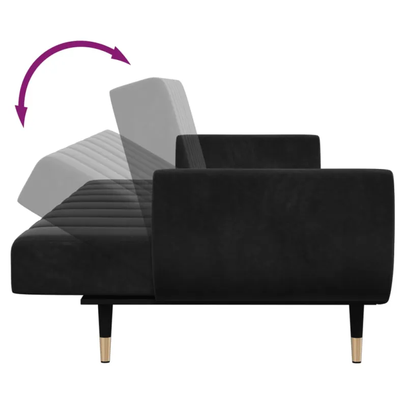 Dvivietė sofa-lova su pakoja, juodos spalvos, aksomas