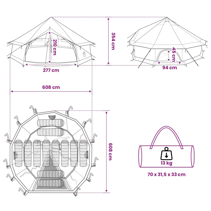 Tipi palapinė su stogu Ruda Pilka 600 x 600 x 350 cm