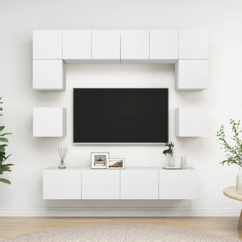 Televizoriaus spintelių komplektas, 8 dalių, baltas, mediena