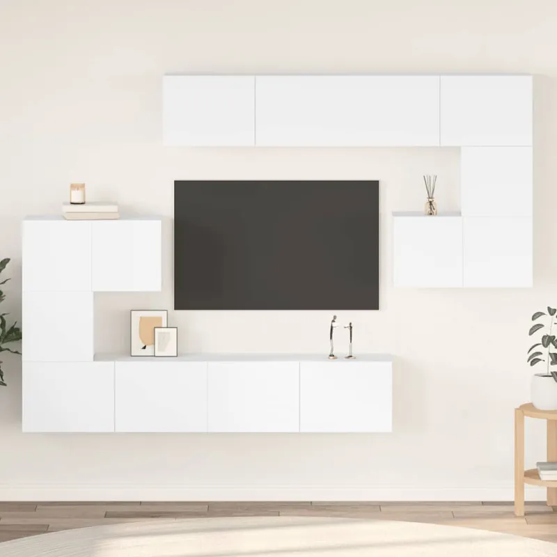 Televizoriaus spintelių komplektas, 8 dalių, baltas, mediena