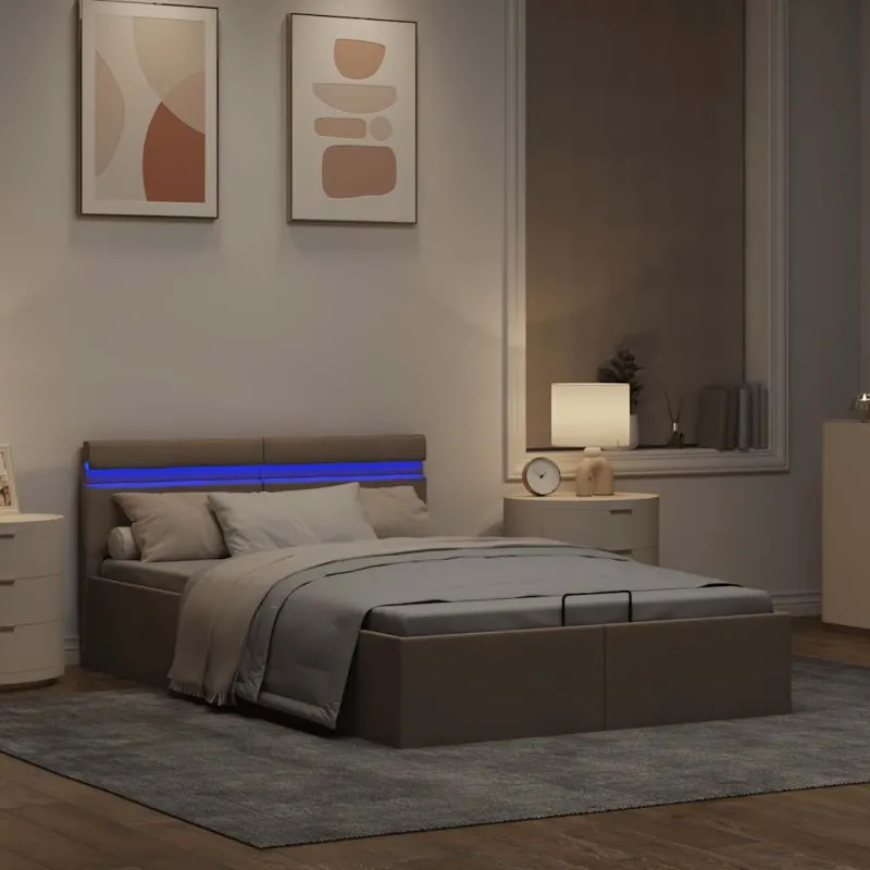 Lovos rėmas su LED ir daiktadėže, taupe, 140x200cm, audinys