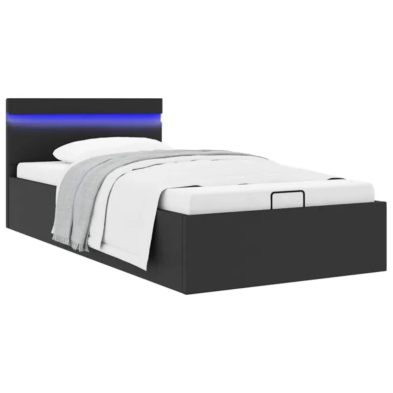 Lovos rėmas su LED/daiktadėže, juodas, 90x200cm, dirbtinė oda