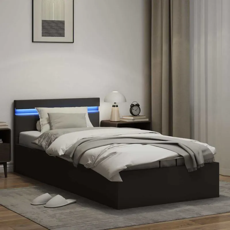 Lovos rėmas su LED/daiktadėže, juodas, 90x200cm, dirbtinė oda