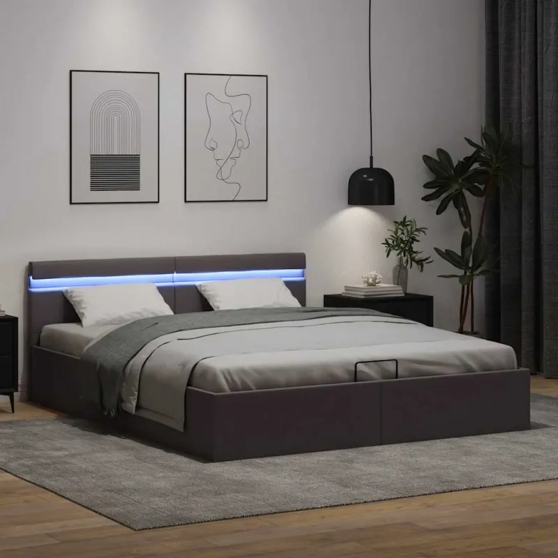 Lovos rėmas su LED/daiktadėže, pilkas, 160x200cm, dirbtinė oda