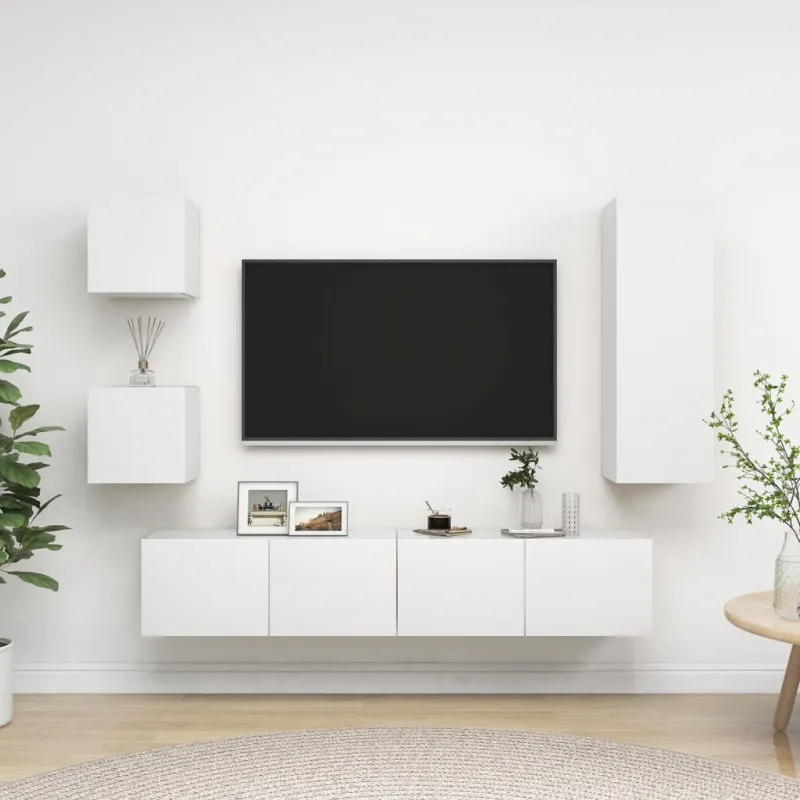 Televizoriaus spintelių komplektas, 5 dalių, baltas, mediena