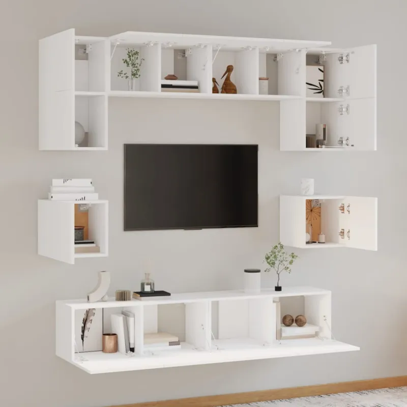 Televizoriaus spintelių komplektas, 8 dalių, baltas, mediena