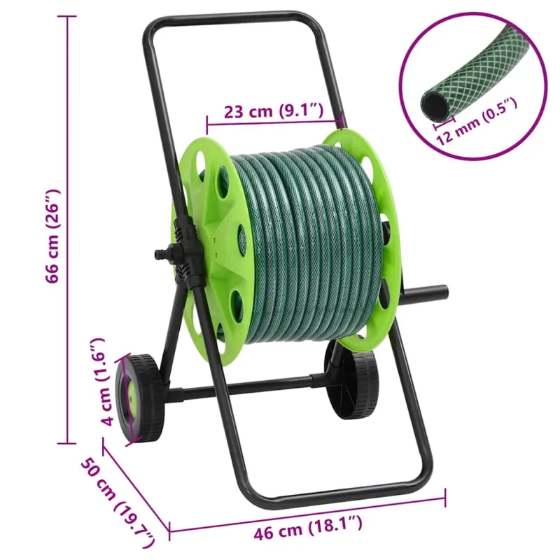 Žalias žarnos ritės vežimėlis su žarnos antgalių rinkiniu, 0,5, 50 m, PVC