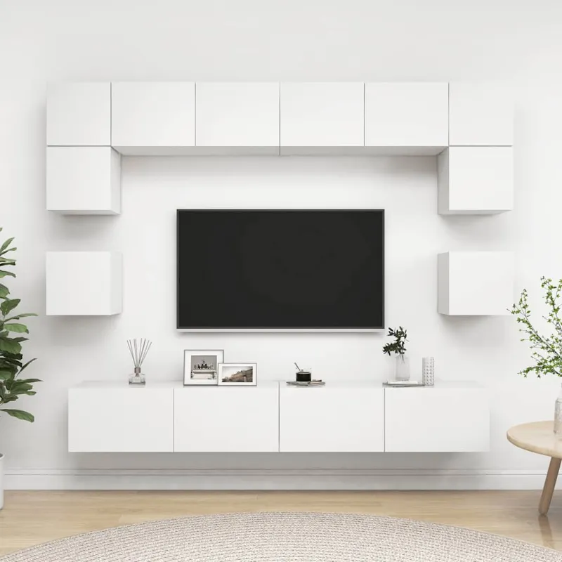 Televizoriaus spintelių komplektas, 8 dalių, baltas, mediena