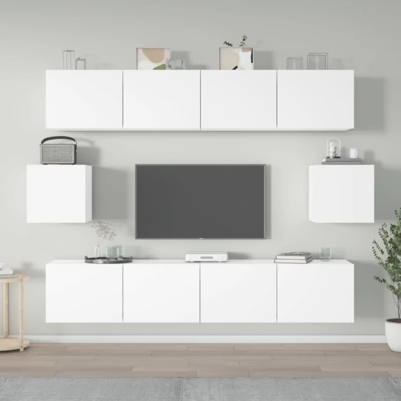 Televizoriaus spintelių komplektas, 6 dalių, baltas, mediena