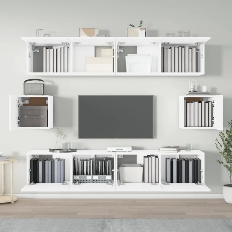 Televizoriaus spintelių komplektas, 6 dalių, baltas, mediena