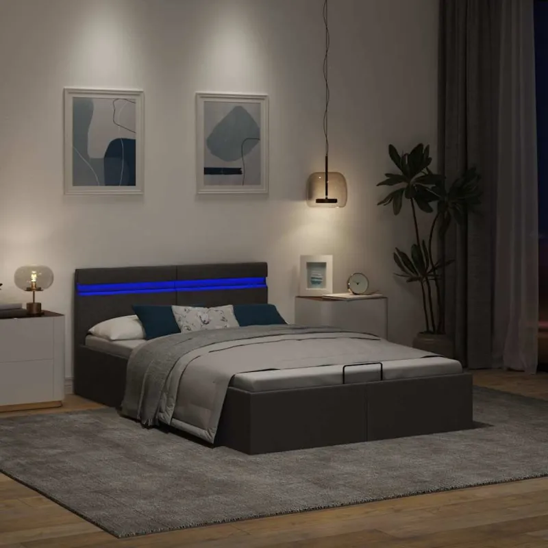 Lovos rėmas su LED ir daiktadėže, pilkas, 120x200cm, audinys