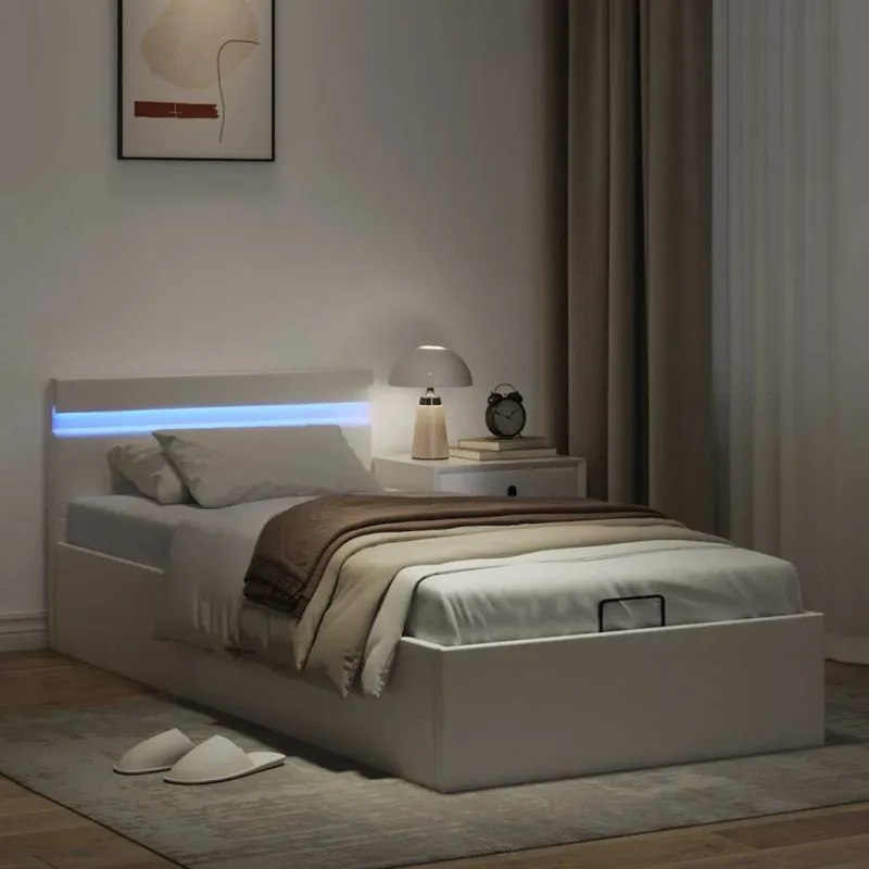 Lovos rėmas su LED/daiktadėže, baltas, 90x200cm, dirbtinė oda