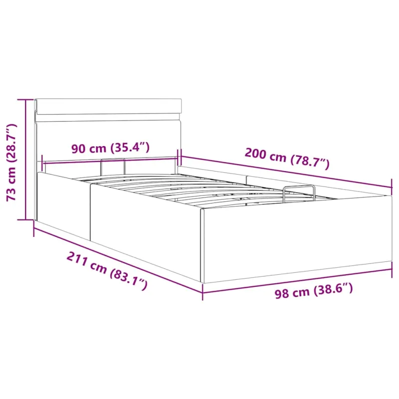 Lovos rėmas su LED/daiktadėže, baltas, 90x200cm, dirbtinė oda