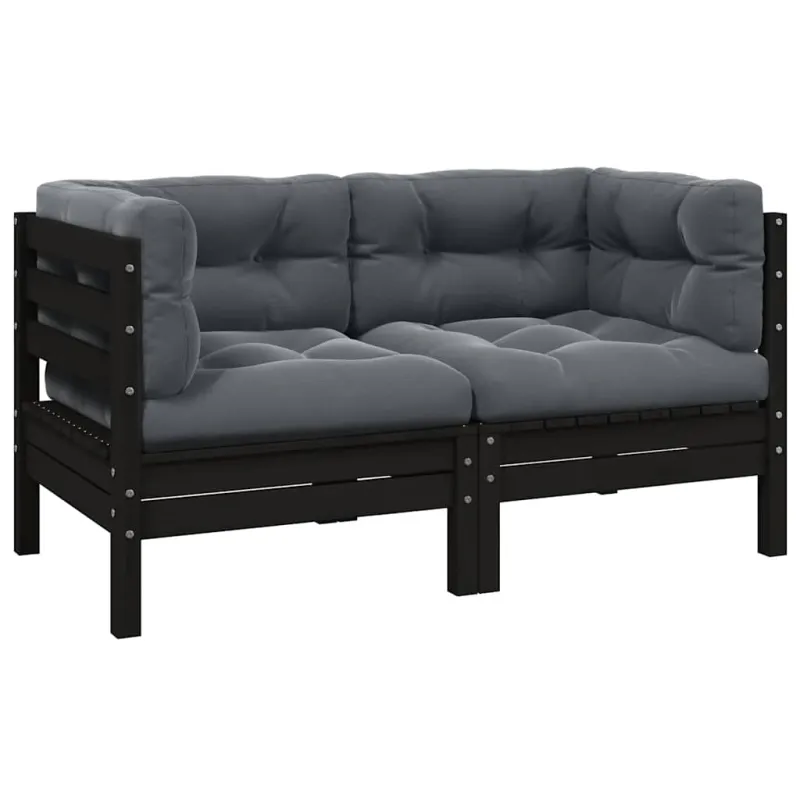 Dvivietė sodo sofa su pagalvėlėmis, juoda, pušies masyvas