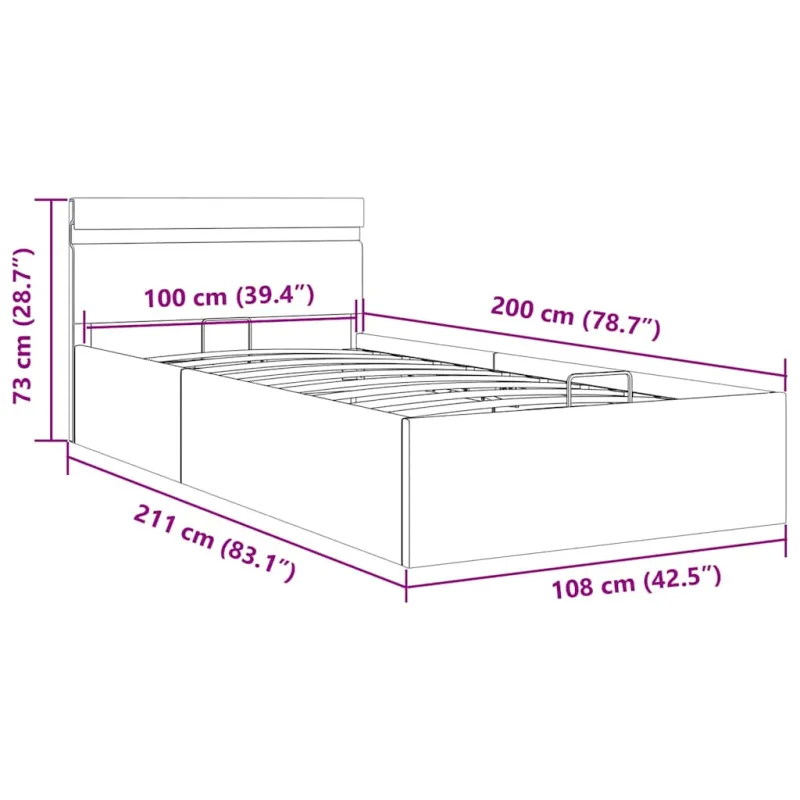 Lovos rėmas su LED/daiktadėže, baltas, 100x200cm, dirbtinė oda