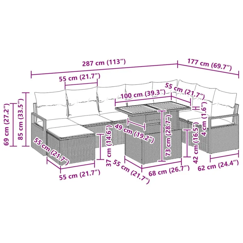 Sodo Sofų Rinkinys 9 pcs Bežinė ir pilka