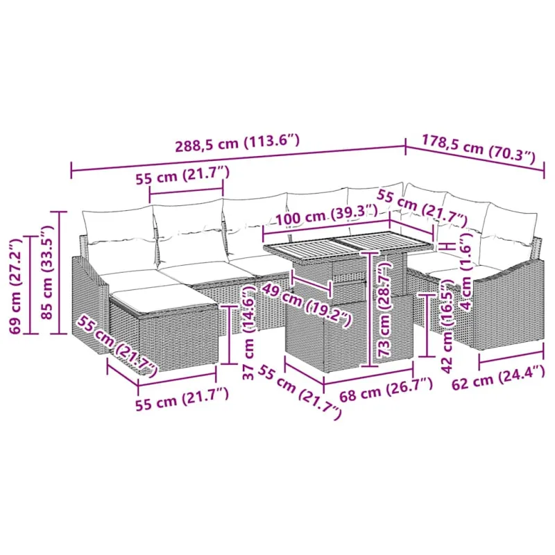 Sodo Sofų Rinkinys 9 pcs Bežinė ir pilka