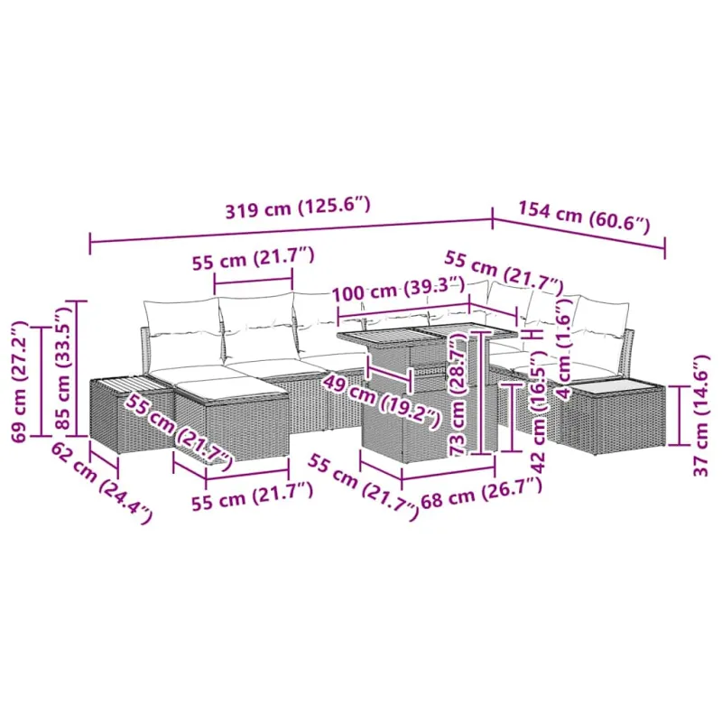Sodo Sofų Rinkinys 9 pcs Bežinė ir pilka