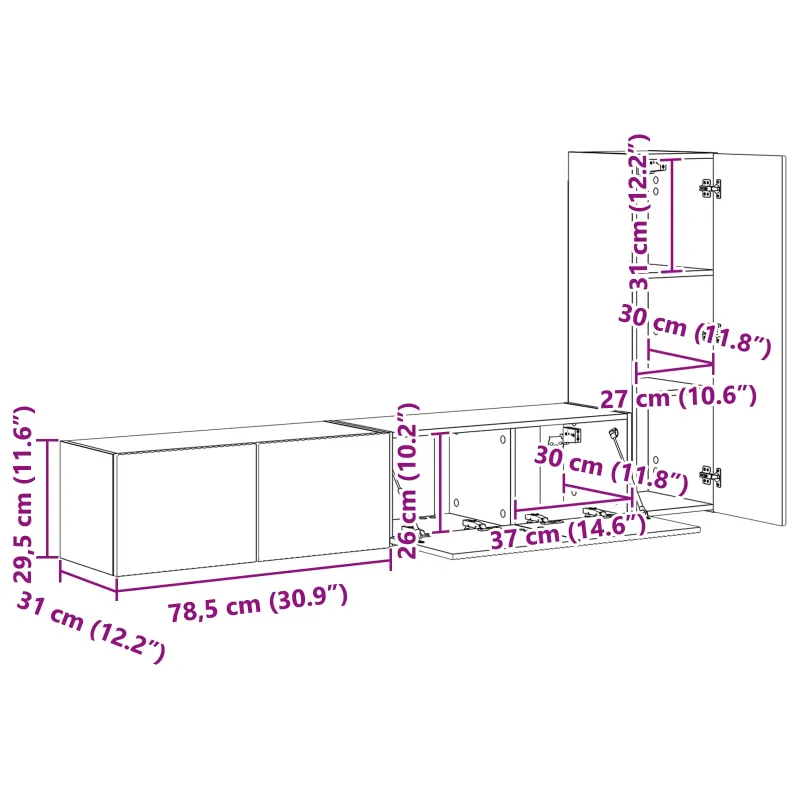 TV spintelių komplektas 3 pcs Juoda Apdirbta mediena