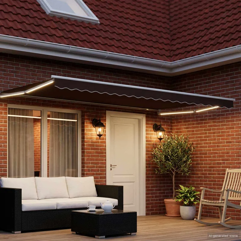 Rankinė ištraukiama markizė su LED Ruda ir balta 4 x 2 m