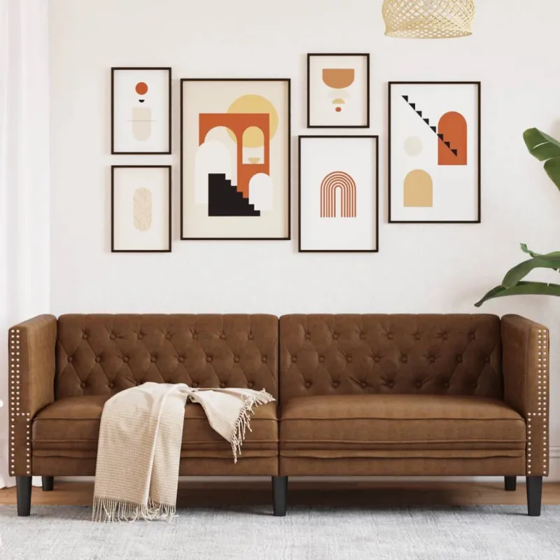 Trivietė chesterfield sofa, rudos spalvos, dirbtinė versta oda