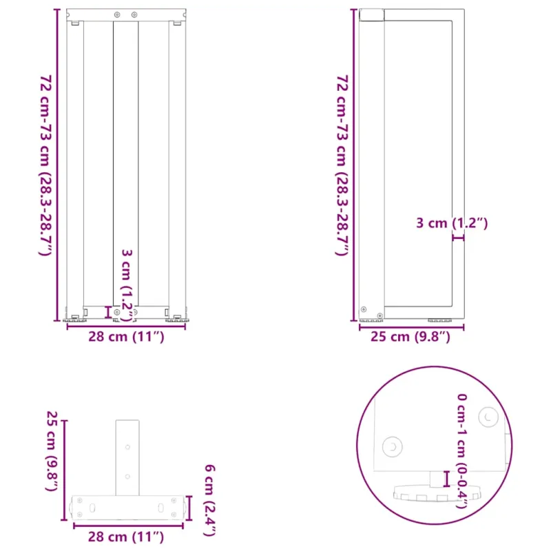 Konsolinio staliuko kojelės, T formos, 2 vnt., juodos, 25x28x(72-73) cm, plienas