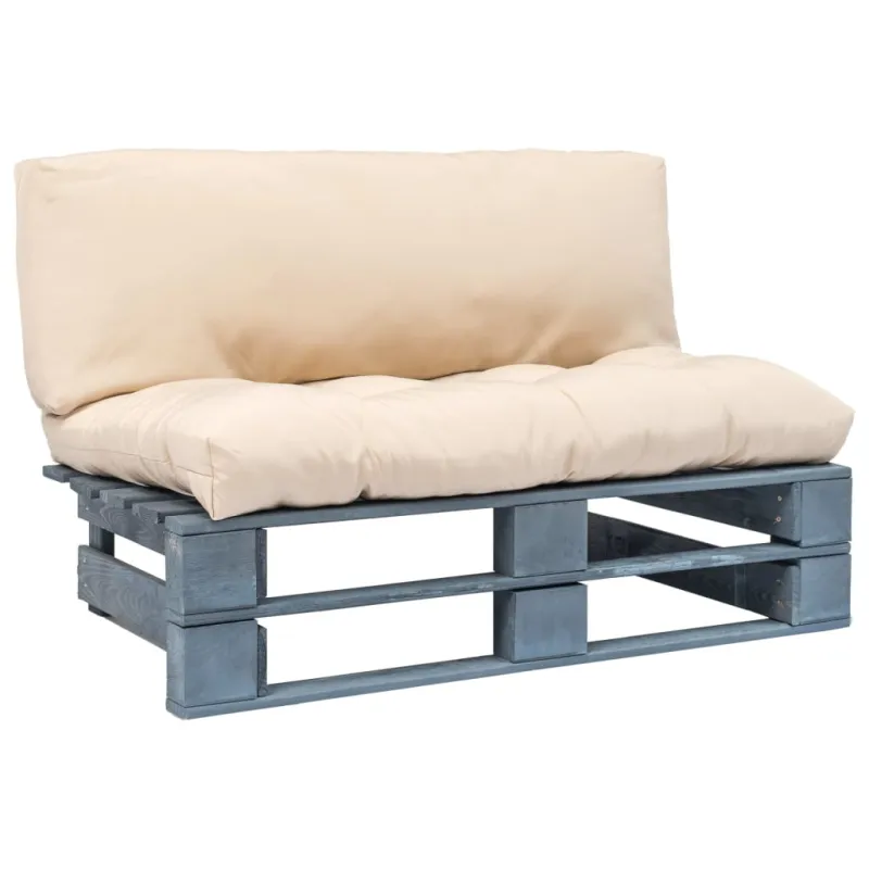 Sodo sofa iš palečių su smėlio pagalvėlėmis, pušies mediena