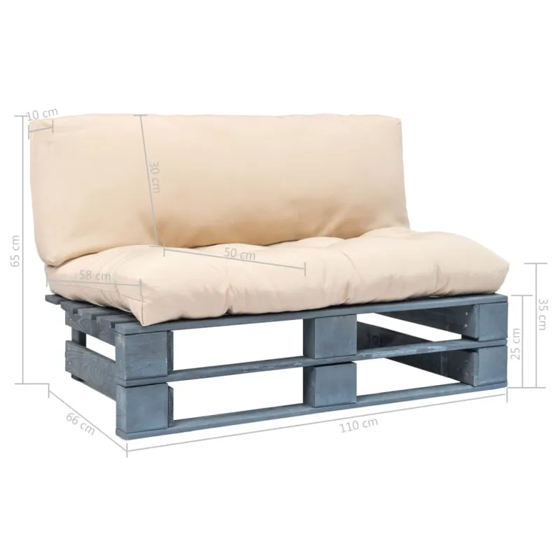 Sodo sofa iš palečių su smėlio pagalvėlėmis, pušies mediena