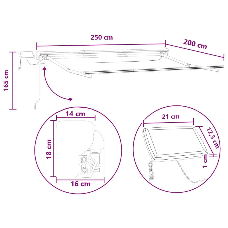 Rankinis markizės rėmas su LED 2,5 x 2 m