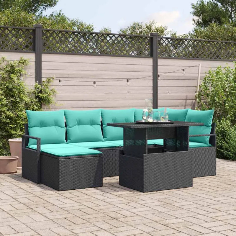 Sodo Sofų Rinkinys 7 pcs Juoda ir mėlyna Poli ratanas