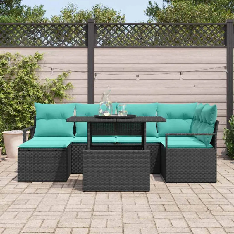 Sodo Sofų Rinkinys 7 pcs Juoda ir mėlyna Poli ratanas
