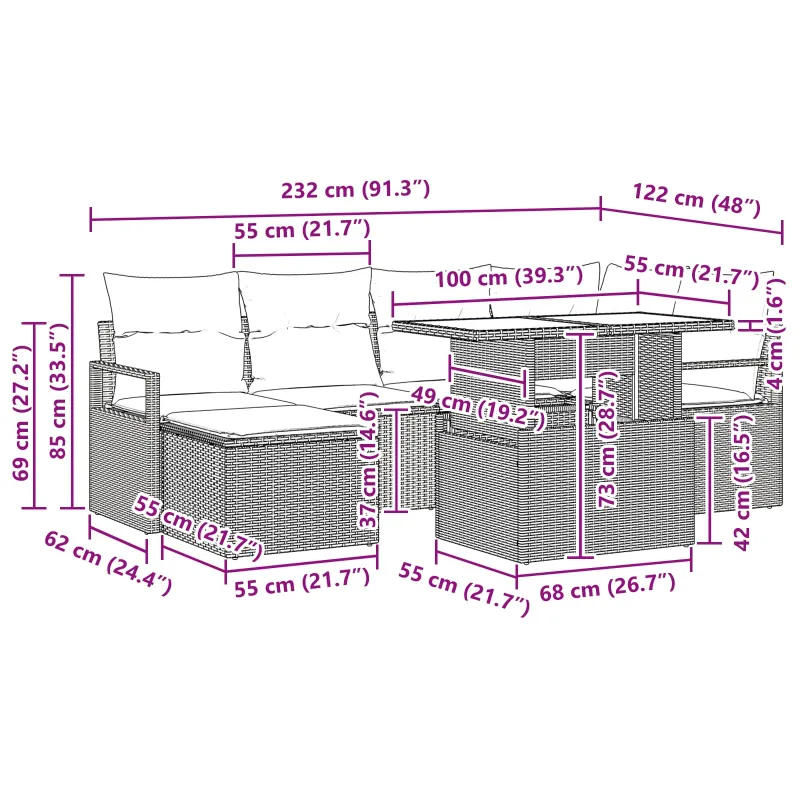Sodo Sofų Rinkinys 7 pcs Juoda ir mėlyna Poli ratanas