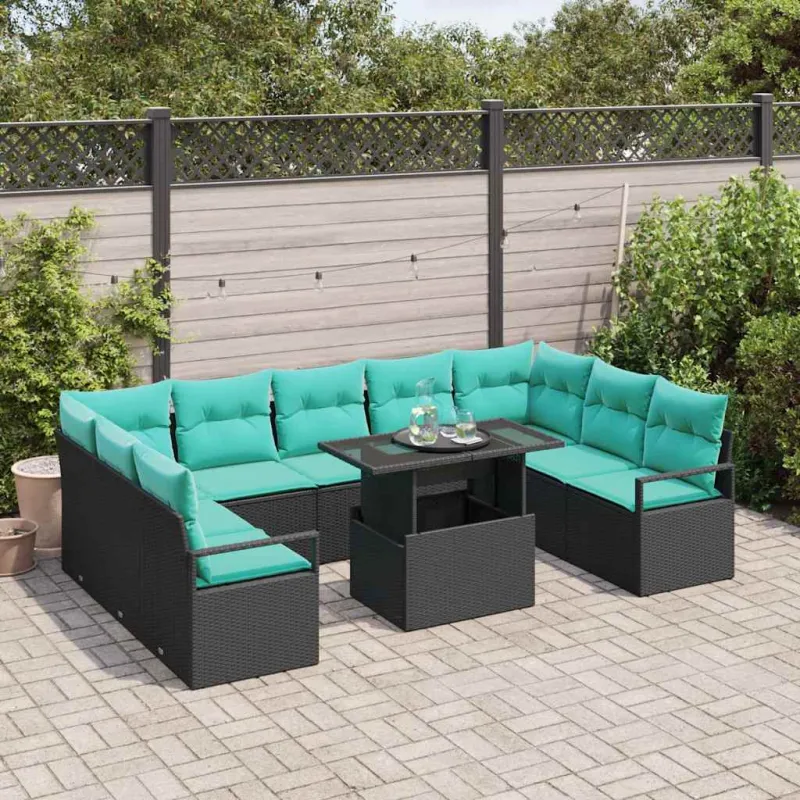 Sodo Sofų Rinkinys 10 pcs Juoda ir mėlyna Poli ratanas