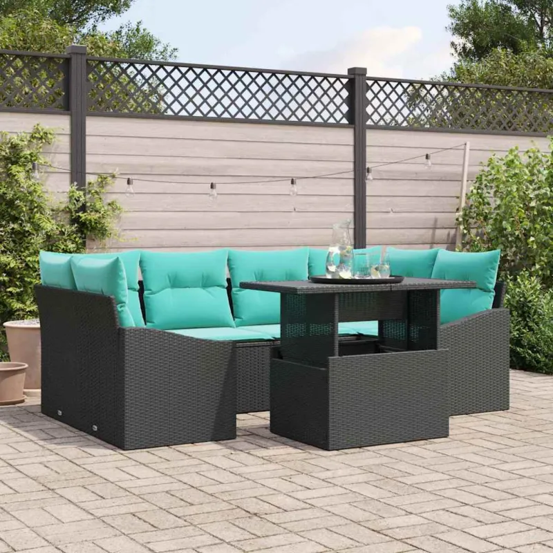 Sodo Sofų Rinkinys 7 pcs Juoda ir mėlyna Poli ratanas