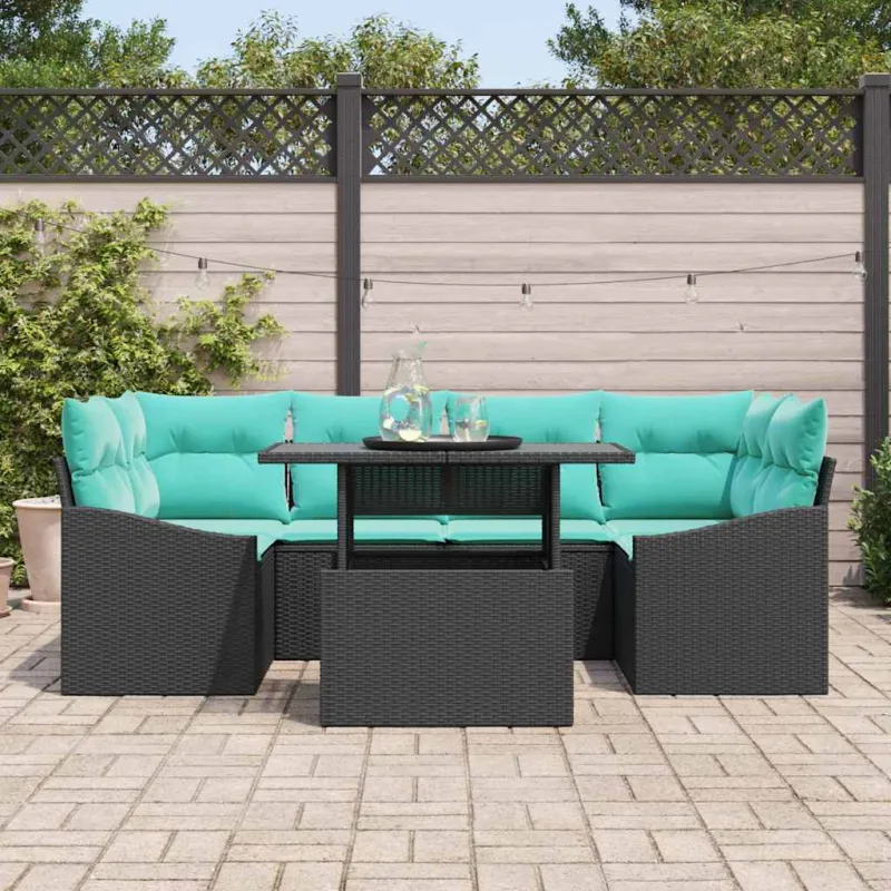 Sodo Sofų Rinkinys 7 pcs Juoda ir mėlyna Poli ratanas