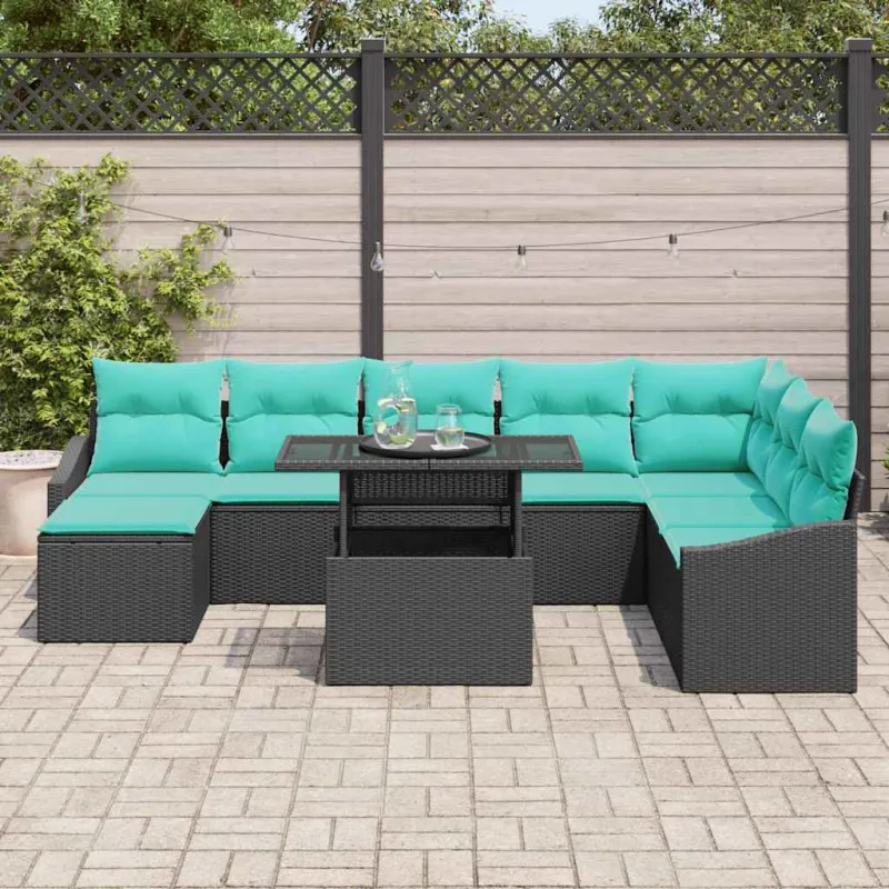 Sofos komplektas su pagalve 9 pcs Juoda ir mėlyna poliratanas