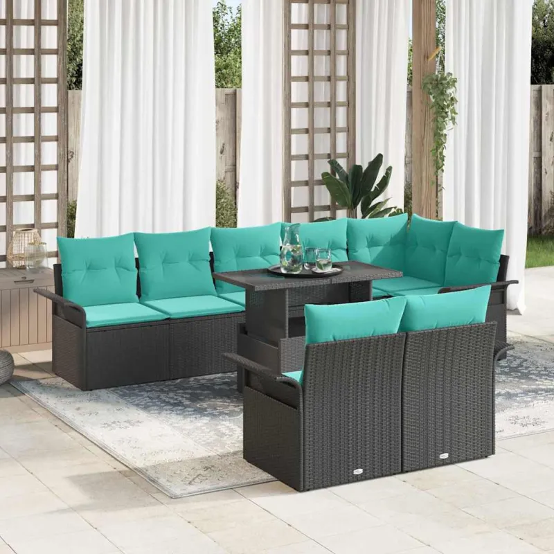 Sodo Sofų Rinkinys su pagalve 9 pcs Juoda Poli ratanas