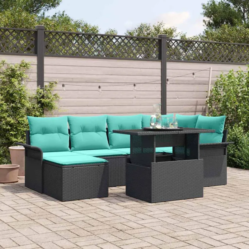 Sodo Sofų Rinkinys su pagalve 7 pcs Juoda Poli ratanas