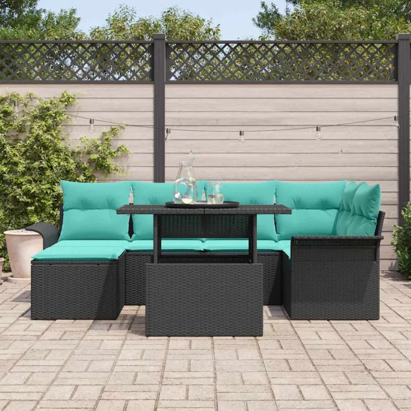 Sodo Sofų Rinkinys su pagalve 7 pcs Juoda Poli ratanas