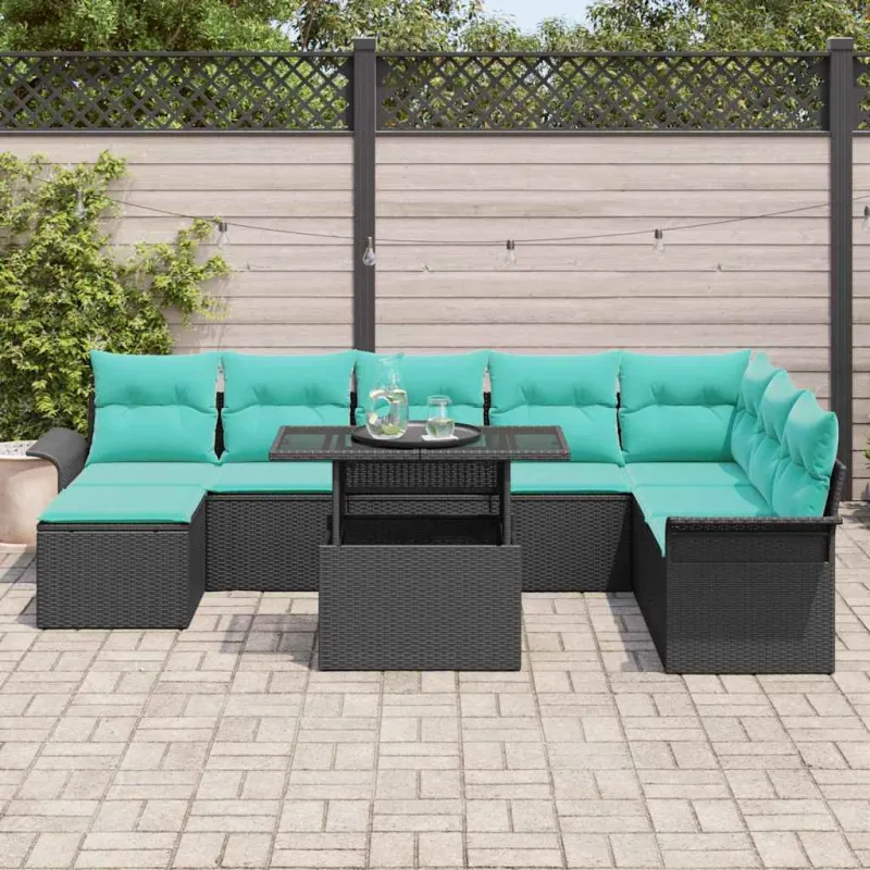 Sodo Sofų Rinkinys su pagalve 9 pcs Juoda Poli ratanas