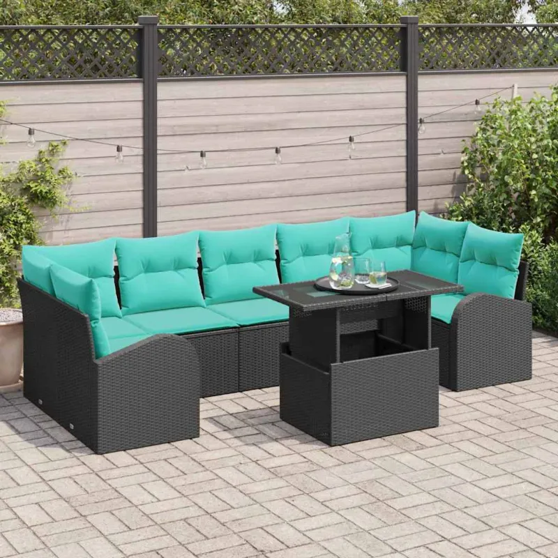 Sodo Sofų Rinkinys su pagalve 8 pcs Juoda Poli ratanas