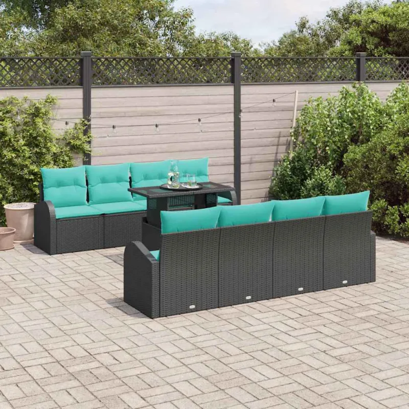 Sodo Sofų Rinkinys su pagalve 9 pcs Juoda Poli ratanas